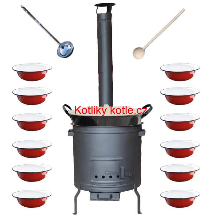 Smaltovaný kotel 100 L + smaltované talíře 12 ks + vařečka a naběračka BIG PARTY PLUS 600