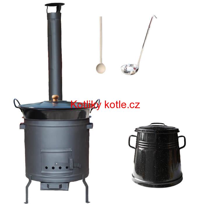 Smaltovaný kotel 80 L + žáruvzdorná kotlina 60 cm PLUS 600 + Nádoba na sádlo 10 L