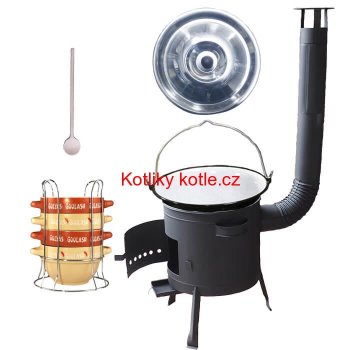 Smaltovaný kotlík 25 L (1,2 mm) + misky na guláš 4 ks + nízká žáruvzdorná kotlina 42 PLUS 600
