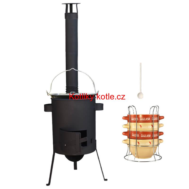 Smaltovaný kotlík 22 L (1,2 mm) + misky na guláš 4 ks + žáruvzdorná kotlina 42 PLUS 600 4 MM
