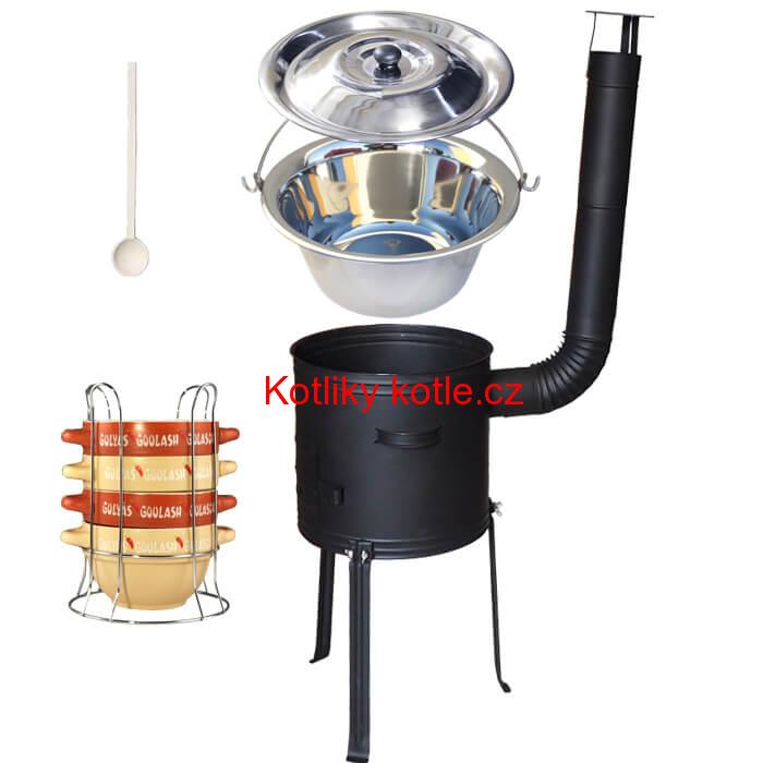 Nerezový kotlík 22 L (0,8 mm) INOX + misky na guláš 4 ks + nízká žáruvzdorná kotlina 42 PLUS 700