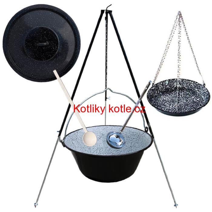 Smaltovaný kotlík 30 L + pánev na grilování + teleskopická trojnožka