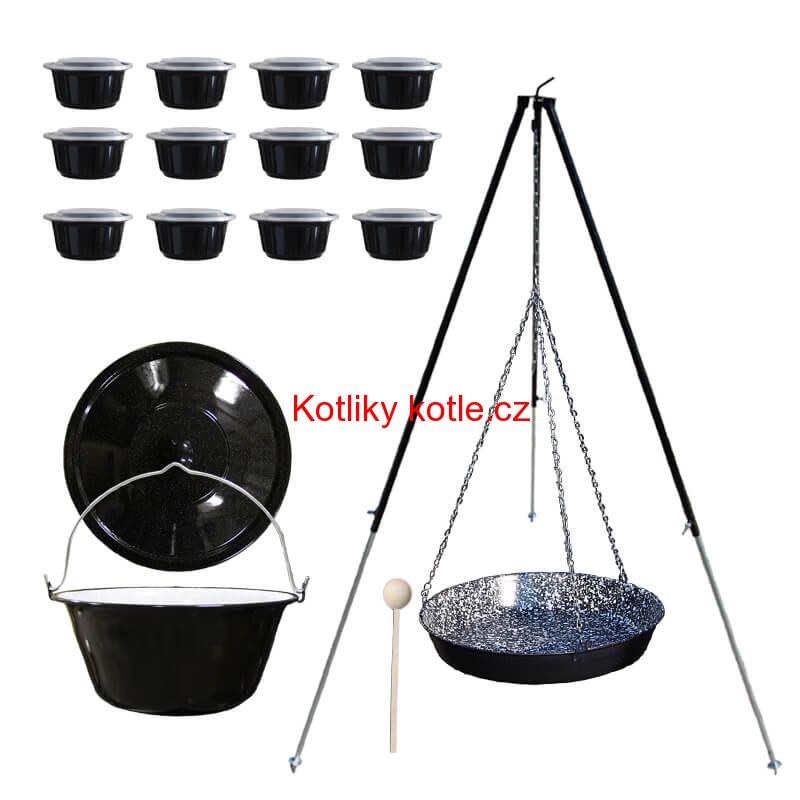 Smaltovaný kotlík 30 L + pánev na grilování + teleskopická trojnožka + misky 12 ks