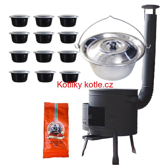 Nerezový kotlík 22 L (0,8 mm) + pepř na guláš 100 g + misky 12 ks + nízká žáruvzdorná kotlina (0,8 mm) 42 PLUS 600