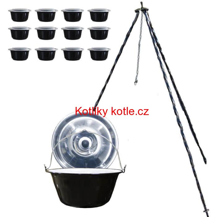 Smaltovaný kotlík 10 L (1,2 mm) + nerezová poklice + trojnožka 1,20 m + misky 12 ks