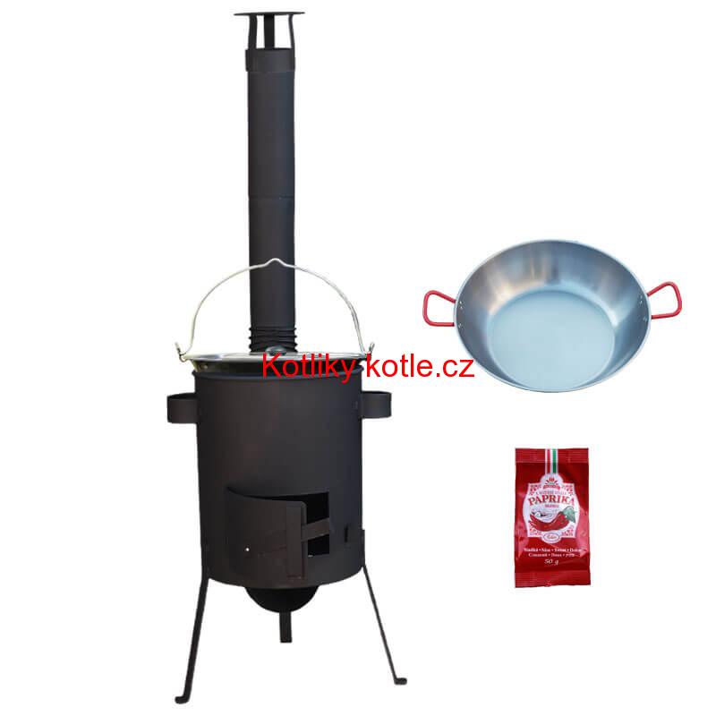 Smaltovaný kotlík 22 L + Pánev PAELLA (WOK) 45 cm + sladká paprika 50 g + žáruvzdorná kotlina 42 PLUS 600 s roštem na popel 4 mm