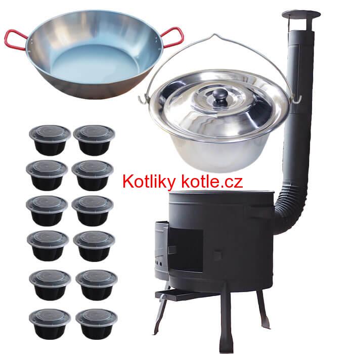 Nerezový kotlík 22 L (0,8 mm) INOX + Pánev PAELLA (WOK) 45 cm + misky 12 ks + nízká kotlina 42 PLUS 600