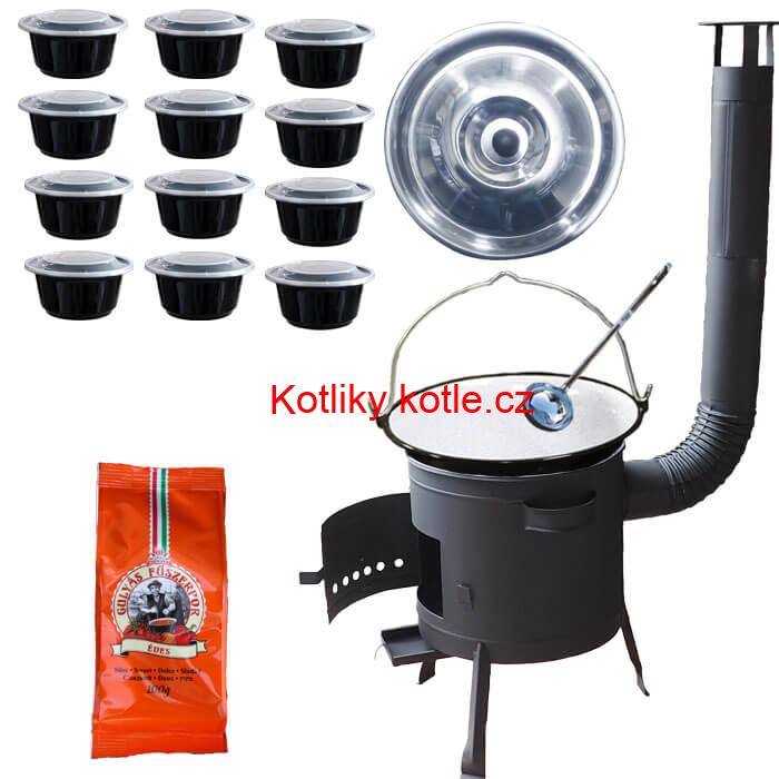 Smaltovaný kotlík 20 L (1,2 mm) + poklice + misky 12 ks + nízká žáruvzdorná kotlina (0,8 mm) 42 PLUS 600