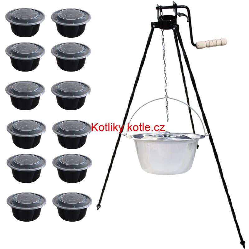 Nerezový kotlík 20 L (0,8 mm) INOX + stojan s kladkou VAR + misky 12 ks
