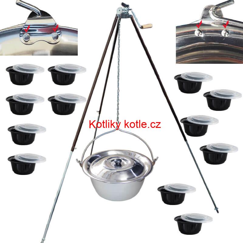Nerezový kotlík 30 L (0,8 mm) s nýty + teleskopická trojnožka s pojistnou kladkou + misky 12 ks