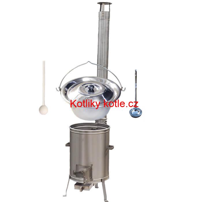 Nerezový kotlík 20 L (1,2 mm) + nerezová kotlina 42 cm + vařečka a naběračka LUX