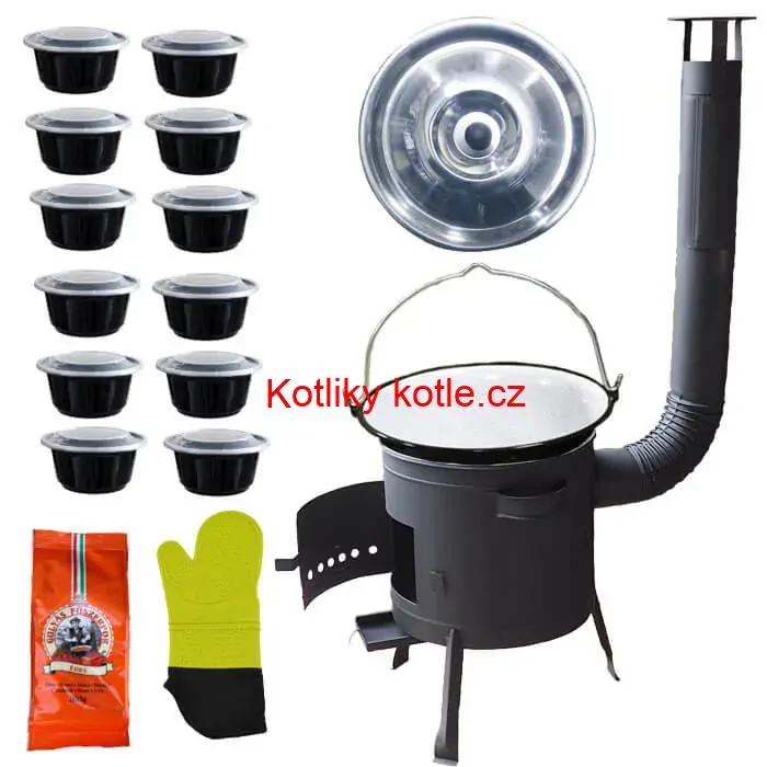 Smaltovaný kotlík 22 L (1,2 mm) + misky 12 ks + nízká žáruvzdorná kotlina (1,5 mm) 42 PLUS 600