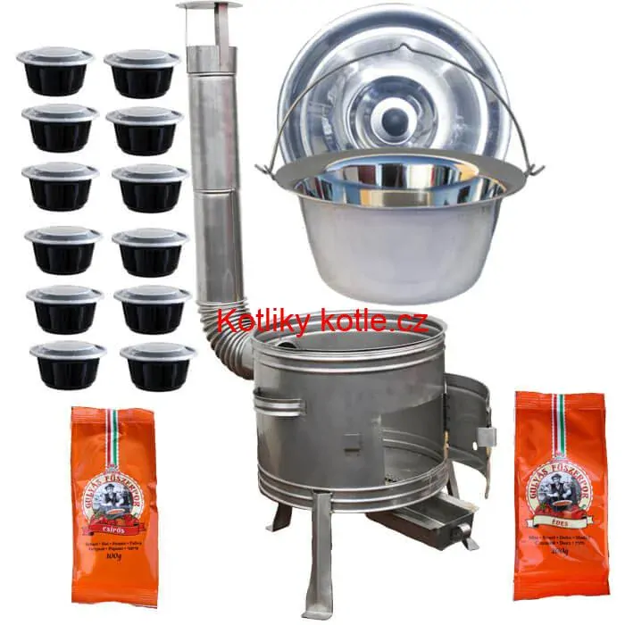 Nerezový kotlík 22 L (0,8 mm) INOX + nerezová kotlina 42 cm TOPLUX + misky 12 ks + 2 x pepř na guláš 100 g