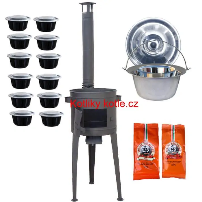 Nerezový kotlík 22 L (0,8 mm) INOX + vysoká žáruvzdorná kotlina 42 cm PLUS 600 + misky 12 ks + 2 x pepř na guláš 100 g