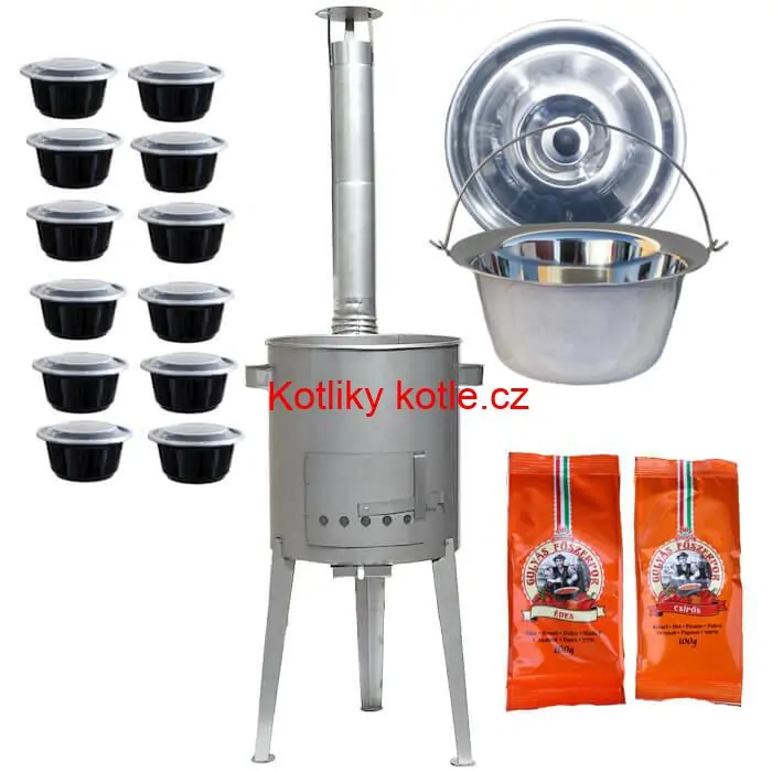 Nerezový kotlík 22 L (0,8 mm) INOX + nerezová kotlina 42 cm LUXUS + misky 12 ks + 2 x pepř na guláš 100 g