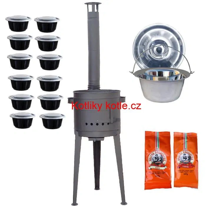 Nerezový kotlík 22 L (0,8 mm) INOX + vysoká žáruvzdorná kotlina (1,5 mm) HODO 42 cm PLUS 600 + misky 12 ks + 2 x pepř na guláš 100 g