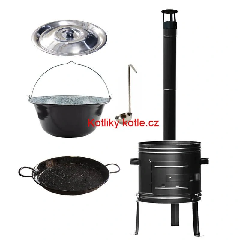 Smaltovaný kotlík 25 L + kovová kotlina + smaltovaná pánev 46 cm Paella