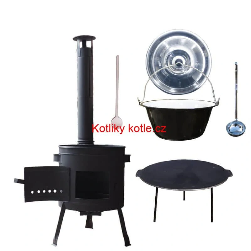 Smaltovaný kotlík 25 L + litinová pánev 45 cm + nízká žáruvzdorná kotlina 42 cm PLUS 600