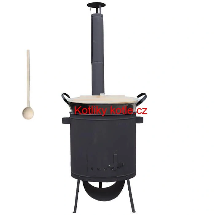 Zabijačkový smaltovaný kotel 100 L, žáruvzdorná kotlina 42 PLUS 600 4 MM, dřevěná poklice + vařečka