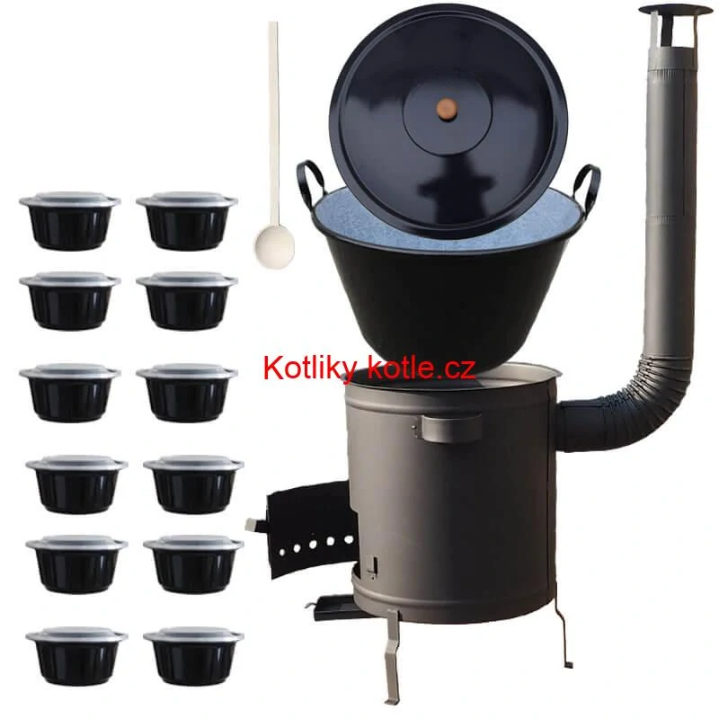 Smaltovaný kotel 70 L + silná kovová kotlina 53 cm (2 mm) STRONG PLUS 600 + misky 12 ks