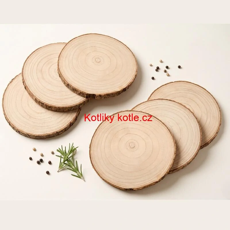 Sada 6 dřevěných podnosů z přírodního plátku dřeva s kůrou Ø 20–24 cm
