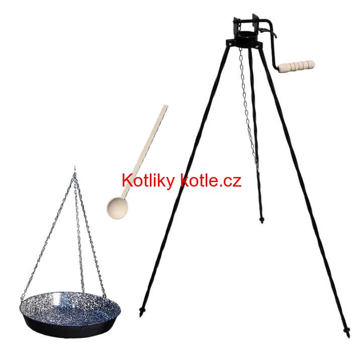 Smaltovaná pánev s řetízkem 42cm + trojnožka s pojistnou kladkou a vařečka GRILL