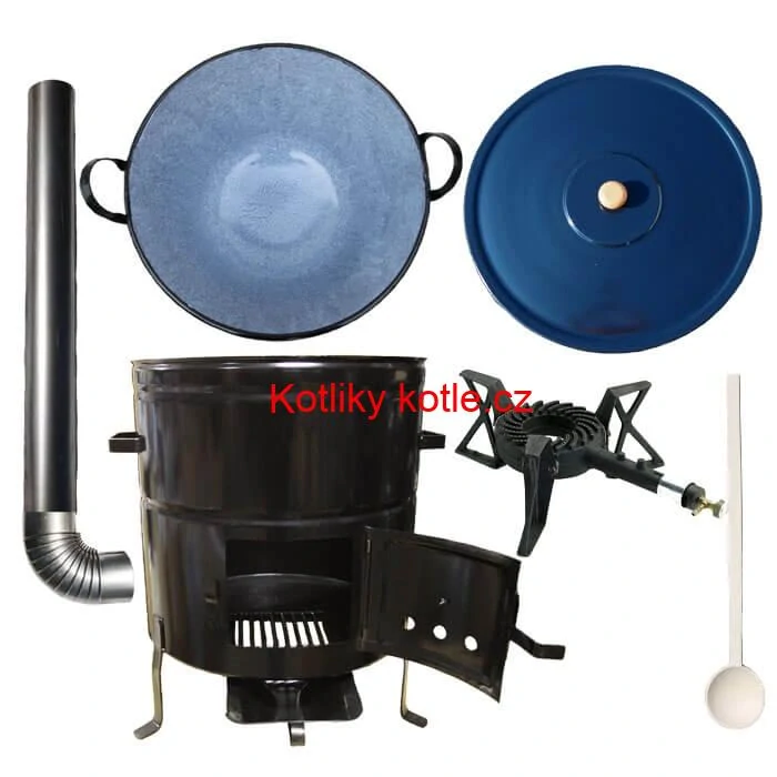 Zabijačkový smaltovaný kotel 70 L + kovová kotlina 56 cm + hořák 7 kW + kouřovod