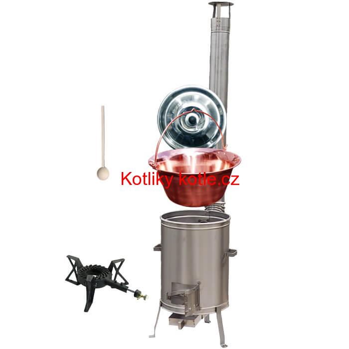 Měděný kotlík 10 L (1,2 mm) + nerezová kotlina 36 cm + litinový hořák 7 kW, vařečka LUX