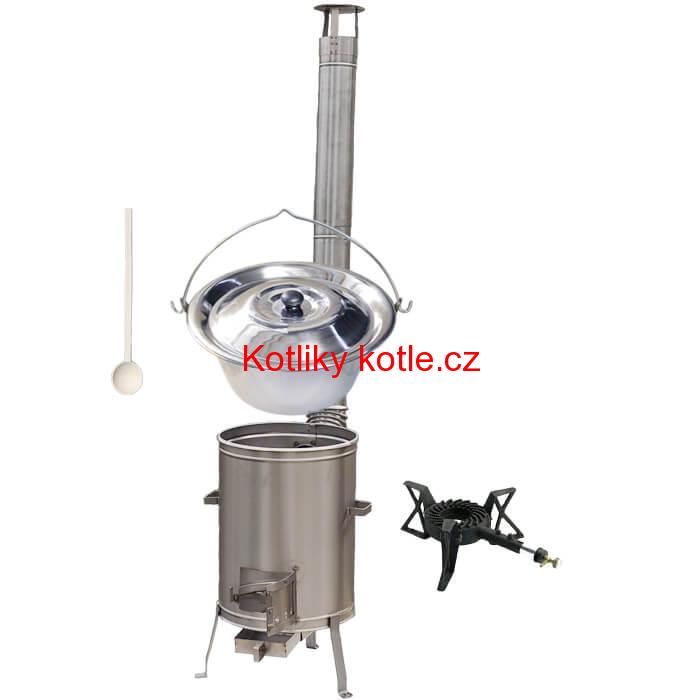 Nerezový kotlík 20 L (1,2 mm) + nerezová kotlina 42 cm + litinový hořák 7 kW, vařečka LUX