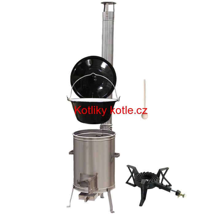 Smaltovaný kotlík 20 L (1,2 mm) + nerezová kotlina 42 cm + litinový hořák 7 kW, vařečka LUX