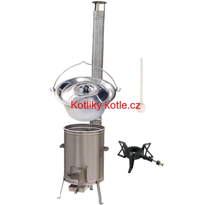 Nerezový kotlík 22 L (0,8 mm) + nerezová kotlina 42 cm + litinový hořák 7 kW, vařečka LUX