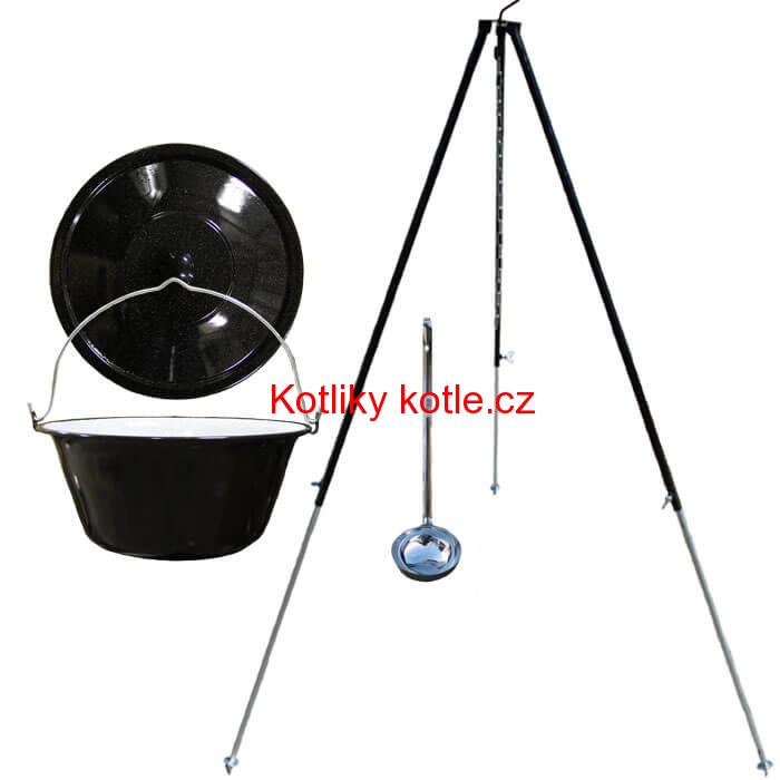 Smaltovaný kotlík 30 L poklice + teleskopická trojnožka 1,40 m