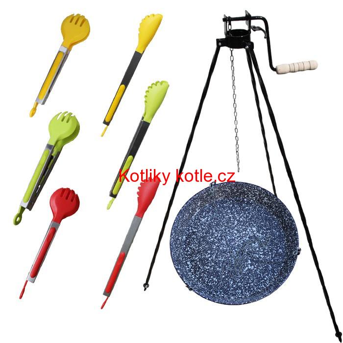 Smaltovaná pánev s řetízkem 42 cm + trojnožka s pojistnou kladkou a obracečka na maso GRILL PARTY 1