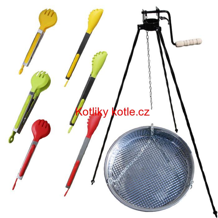 Nerezová pánev s řetízkem 42 cm + trojnožka s pojistnou kladkou a obracečka na maso GRILL PARTY 2